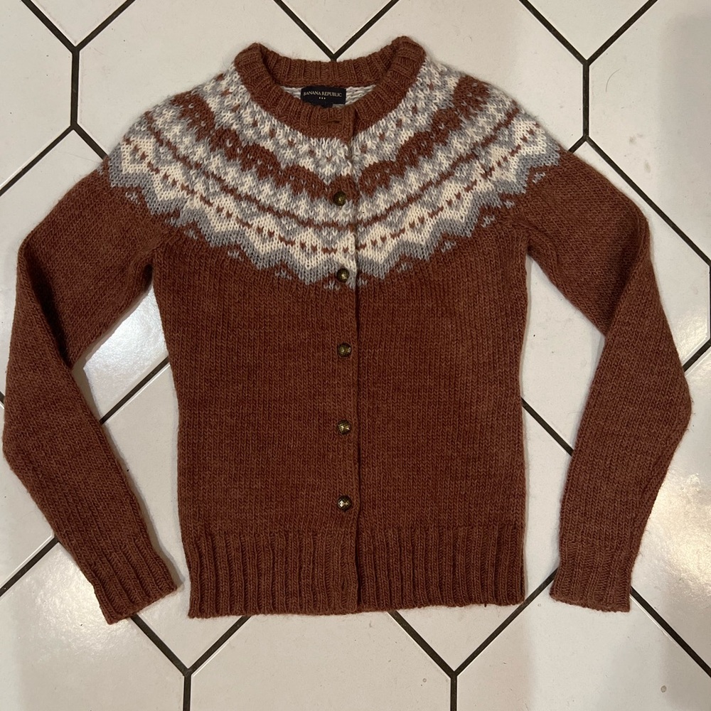 Banana Republic womens Alpaca blend brown white fair isle sweater sz Small